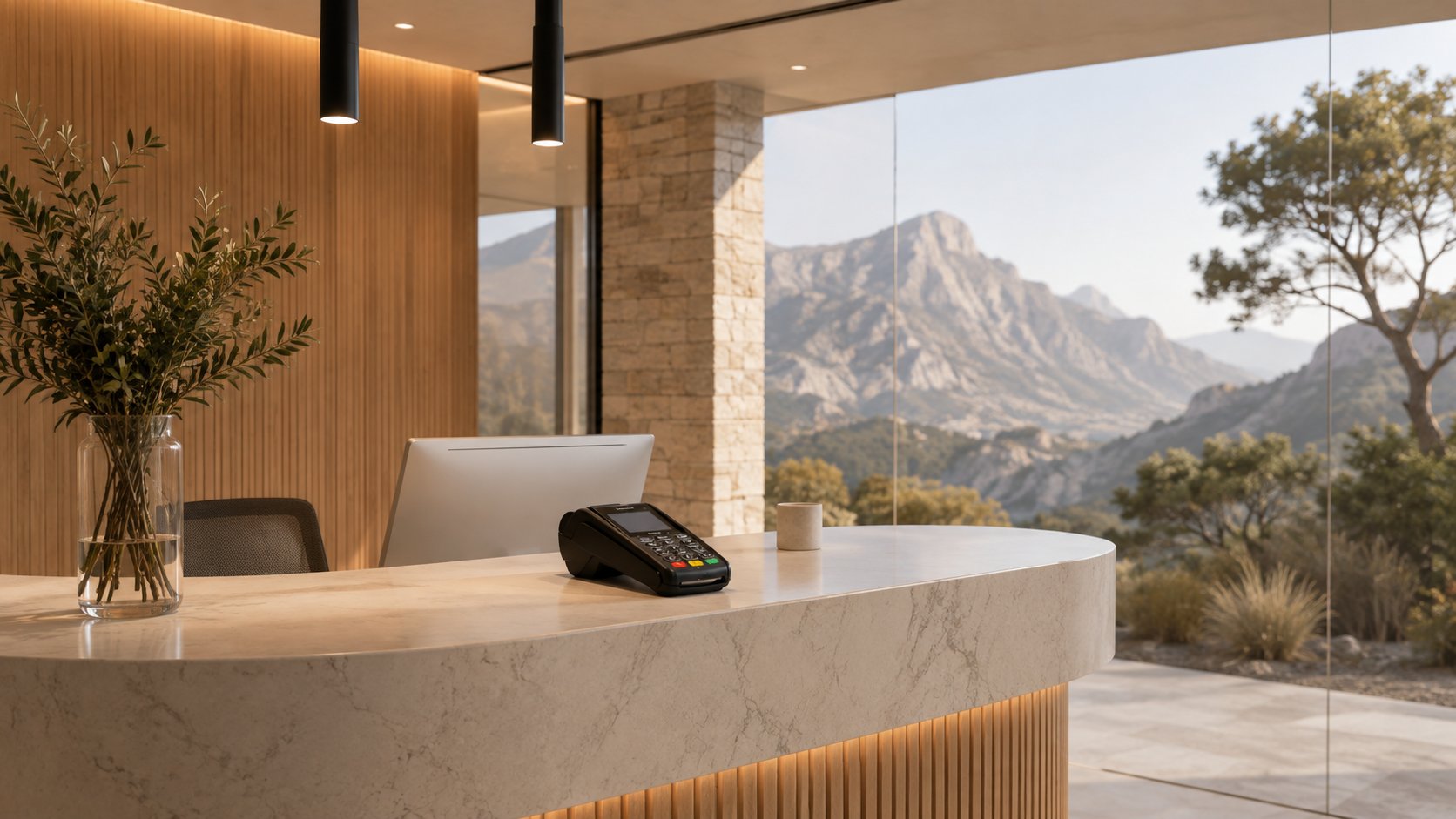 Dental reception desk with payment terminal, mountain landscape through the window